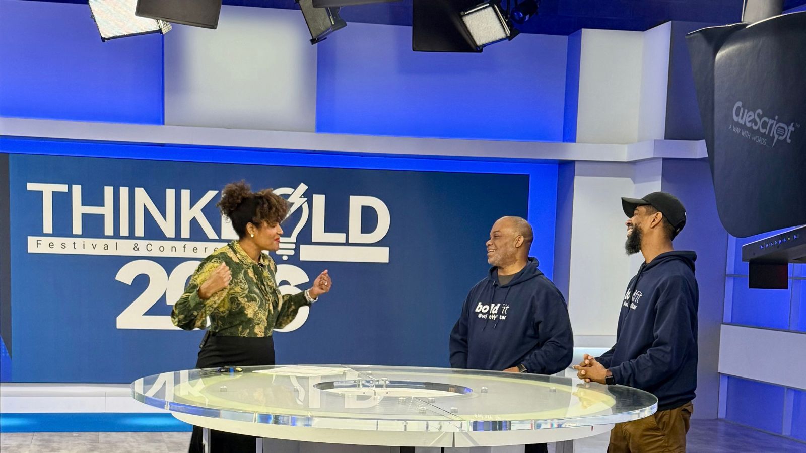 Troy and Mo in the TV studio during a Think Bold Festival interview