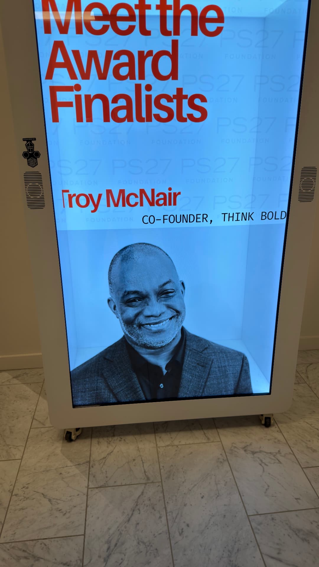 Digital kiosk reading “Meet the Award Finalists — Troy McNair, Co-Founder, Think Bold”
